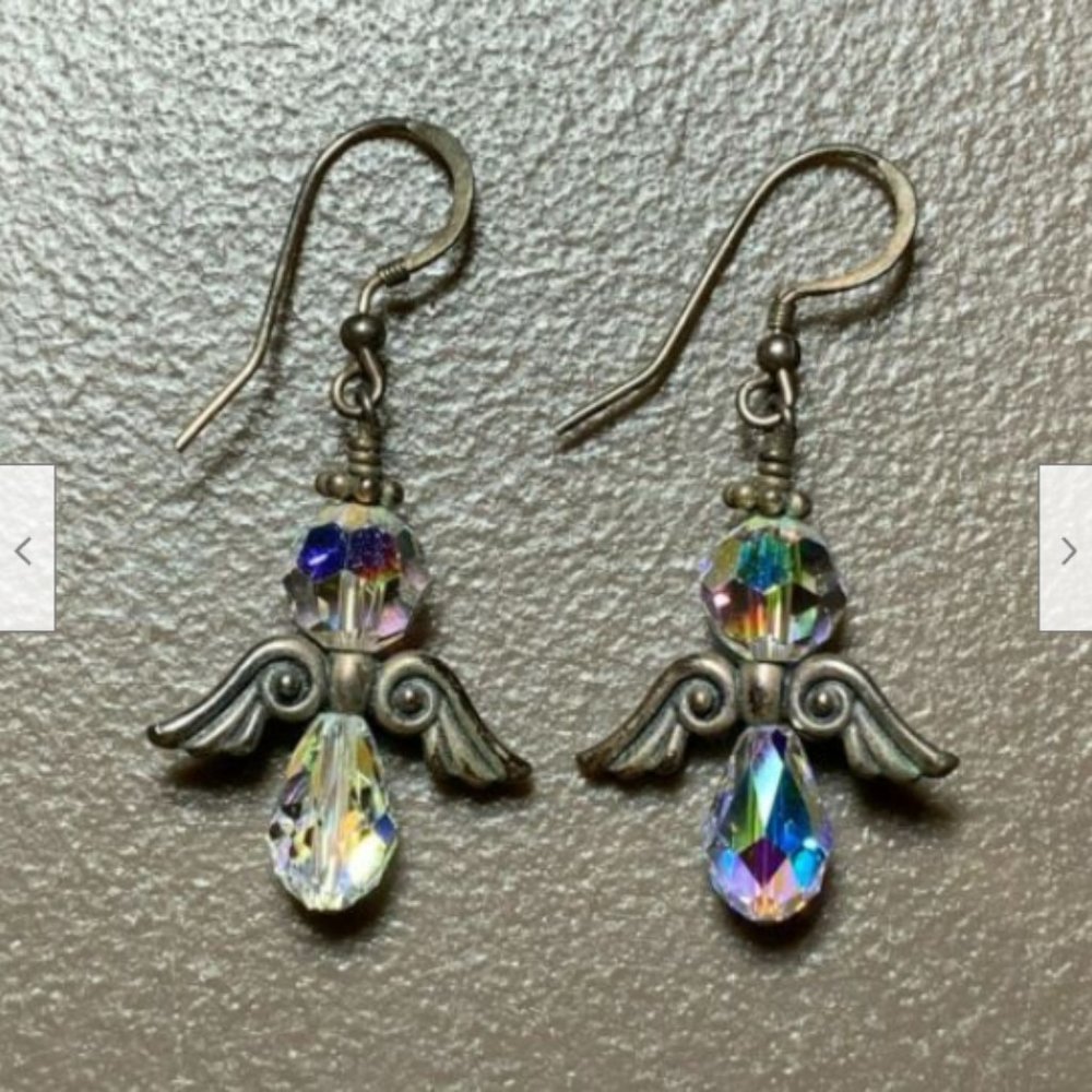Iridescent Angel Crystal Rhinestone Dangle Earrings Pierced French Hook 1.5"